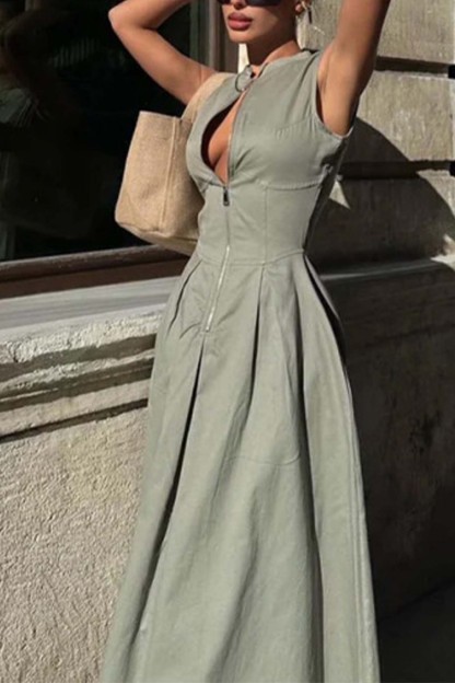 Solid Color Zipper Sleeveless Maxi Dress