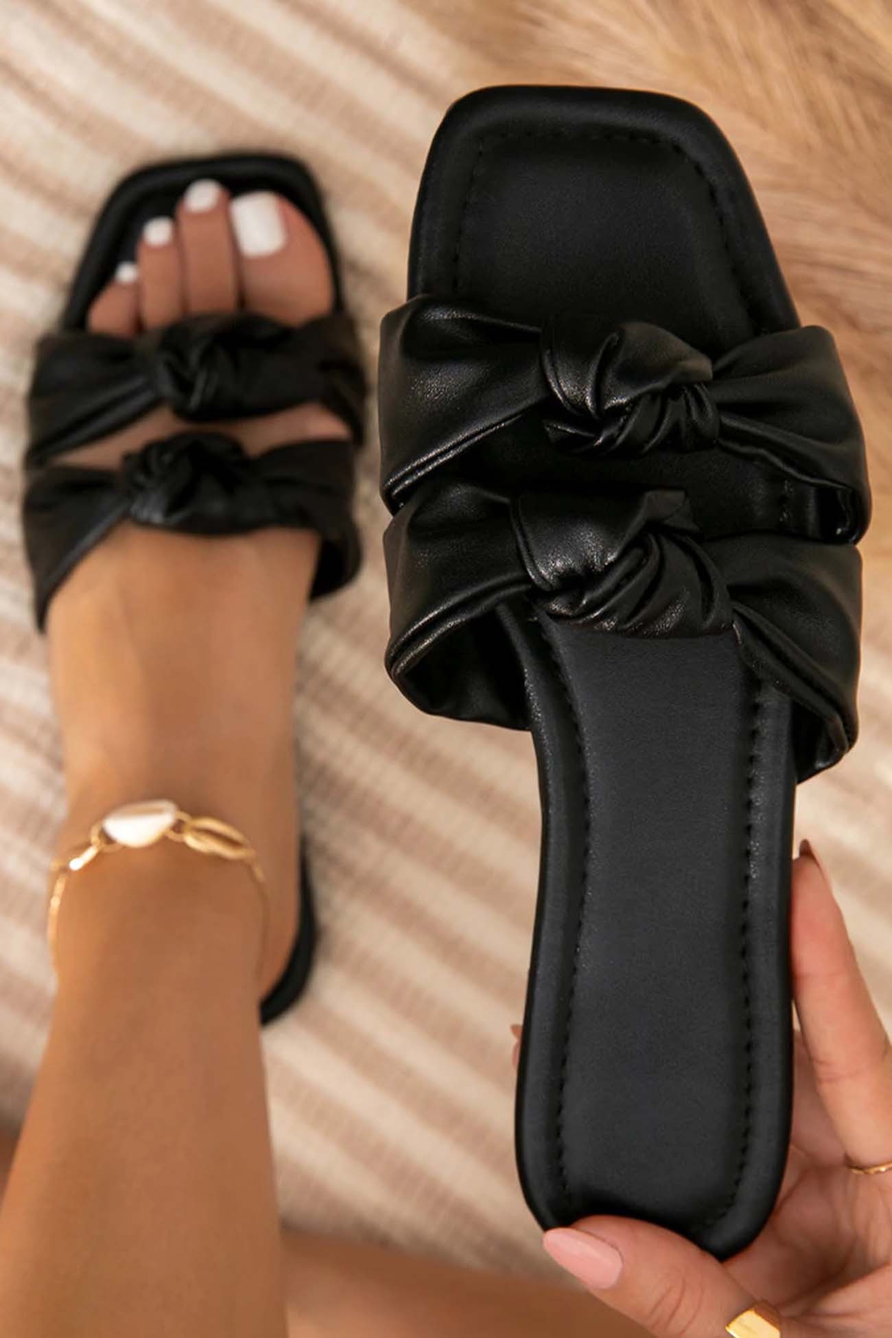 Square Toe Double Knot Strap Flat Sandals