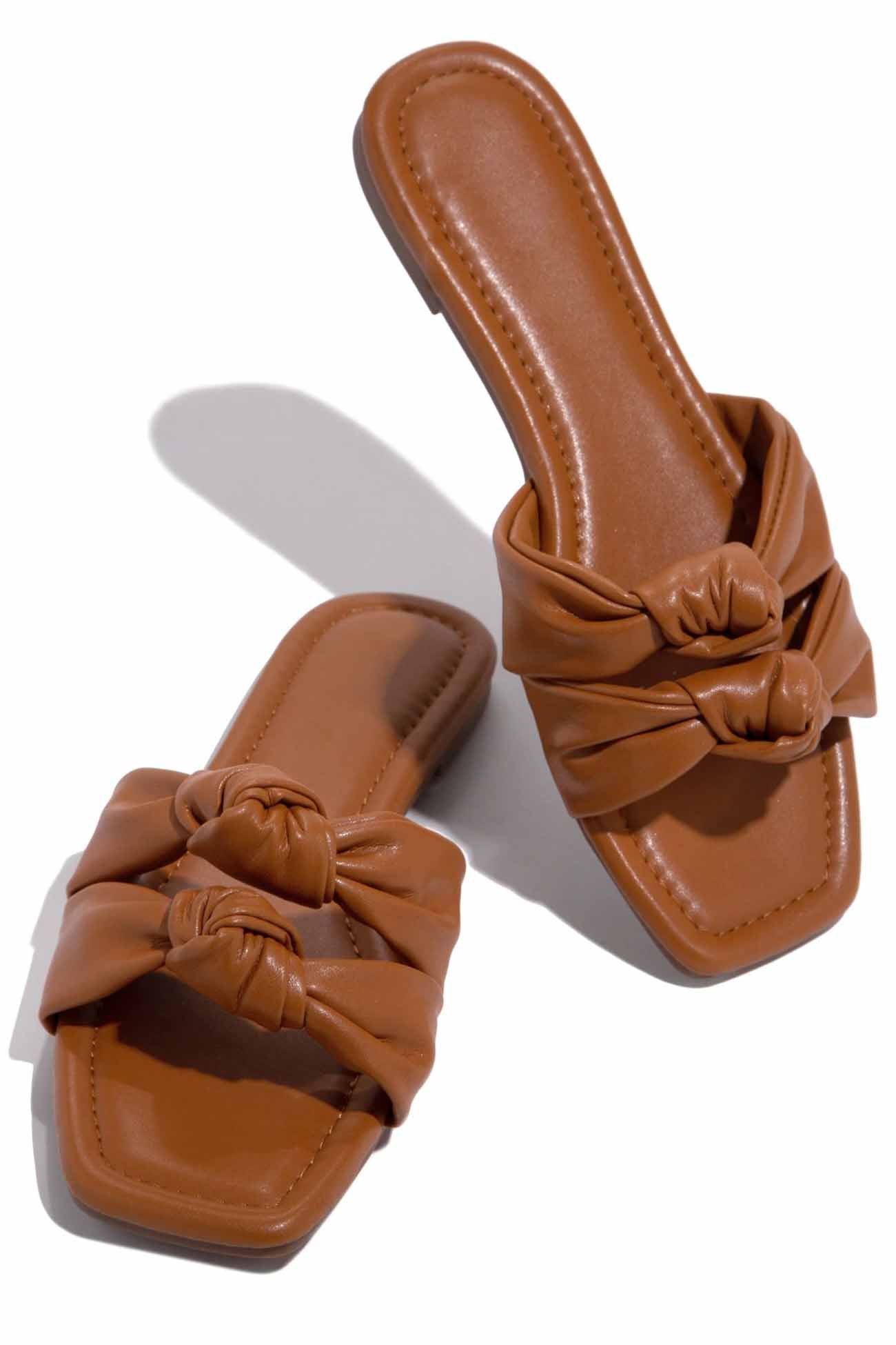 Square Toe Double Knot Strap Flat Sandals