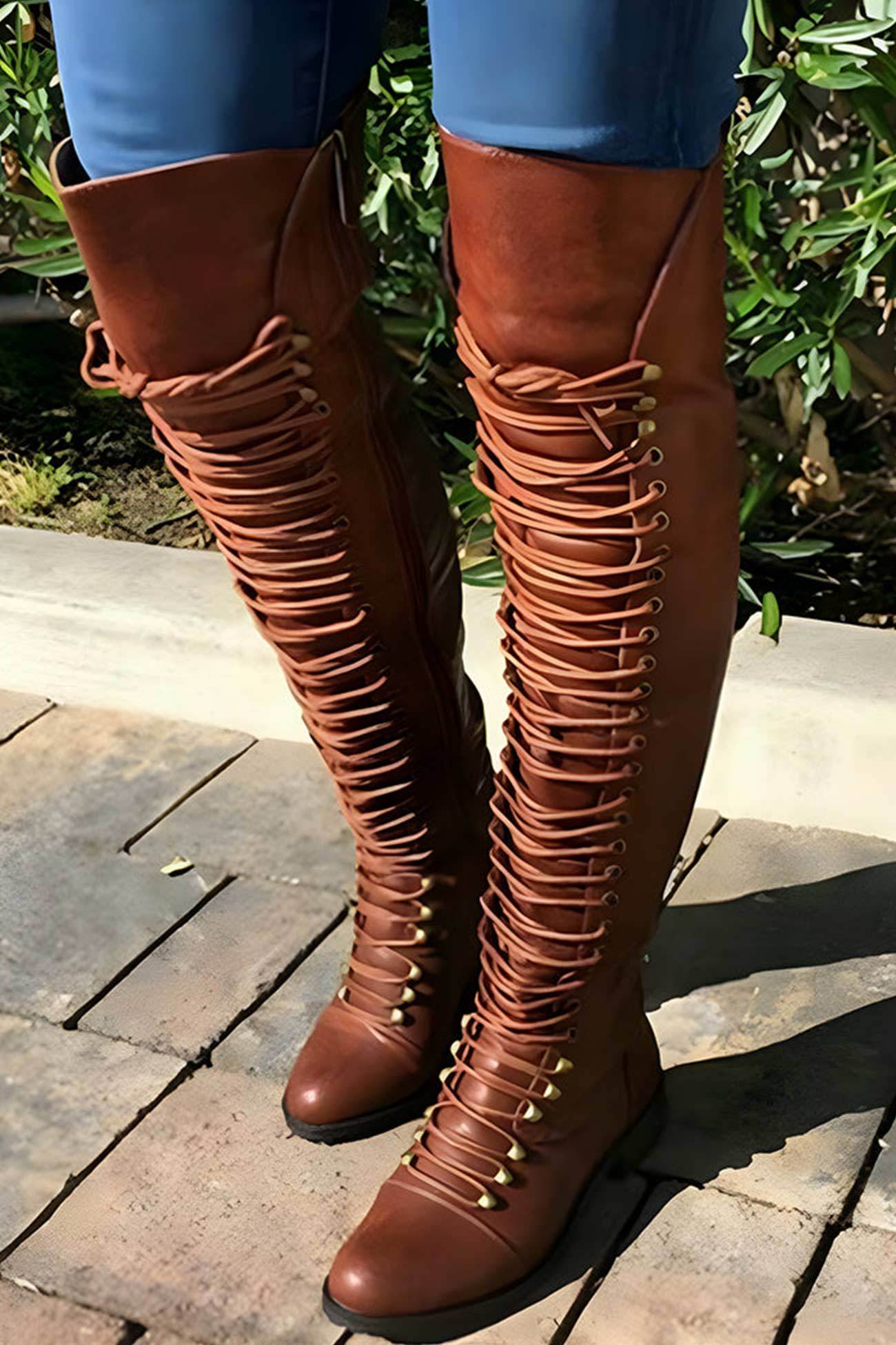 Strappy Leather Over The Knee Boots Brown 6