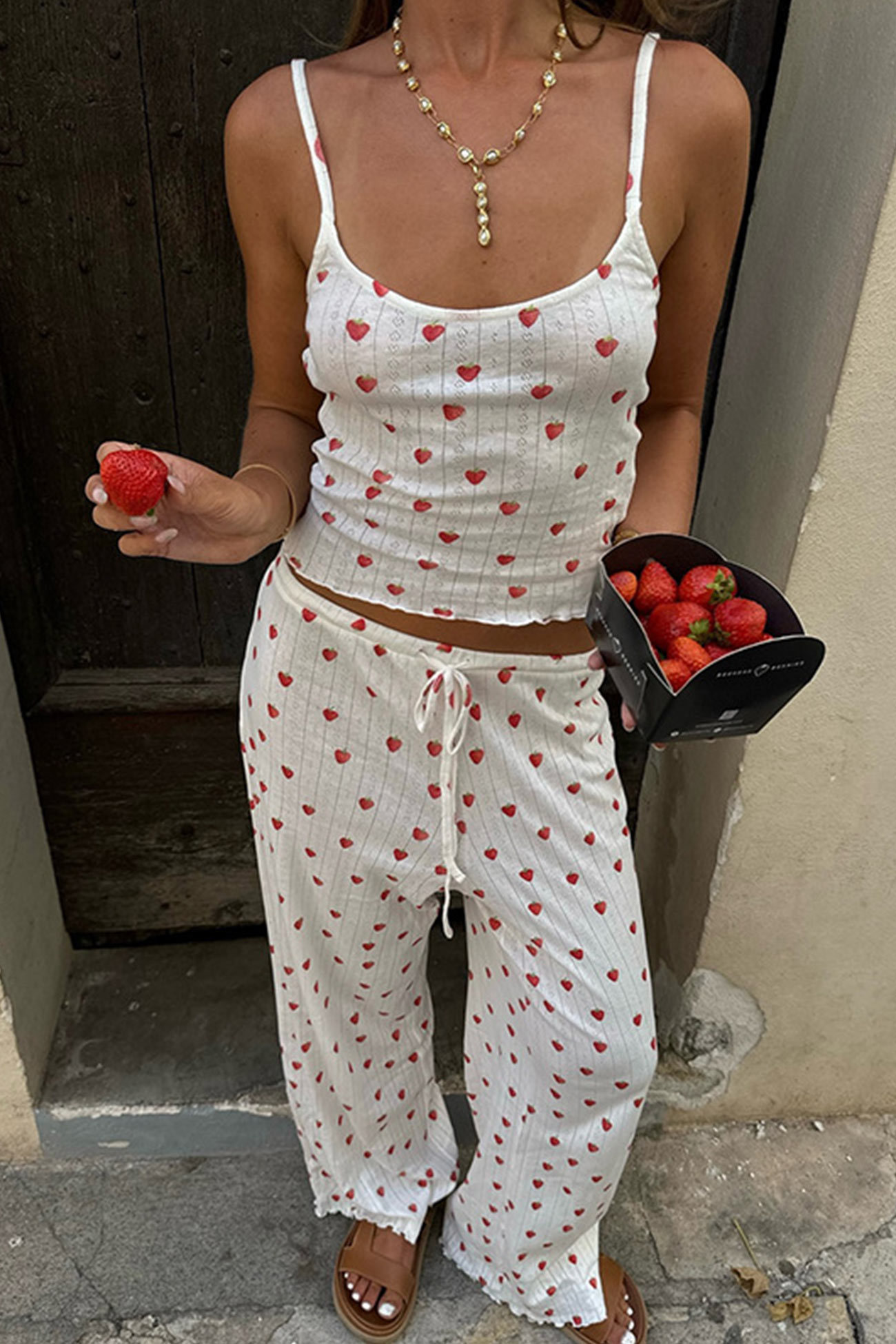 Strawberry Print Cami Vest Pants Set
