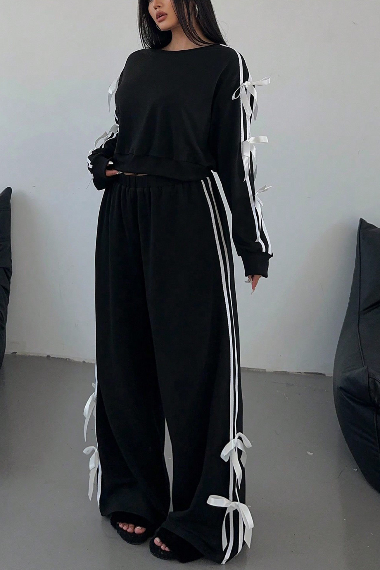 Striped Bow Tie Sleeve Hoodie Suits