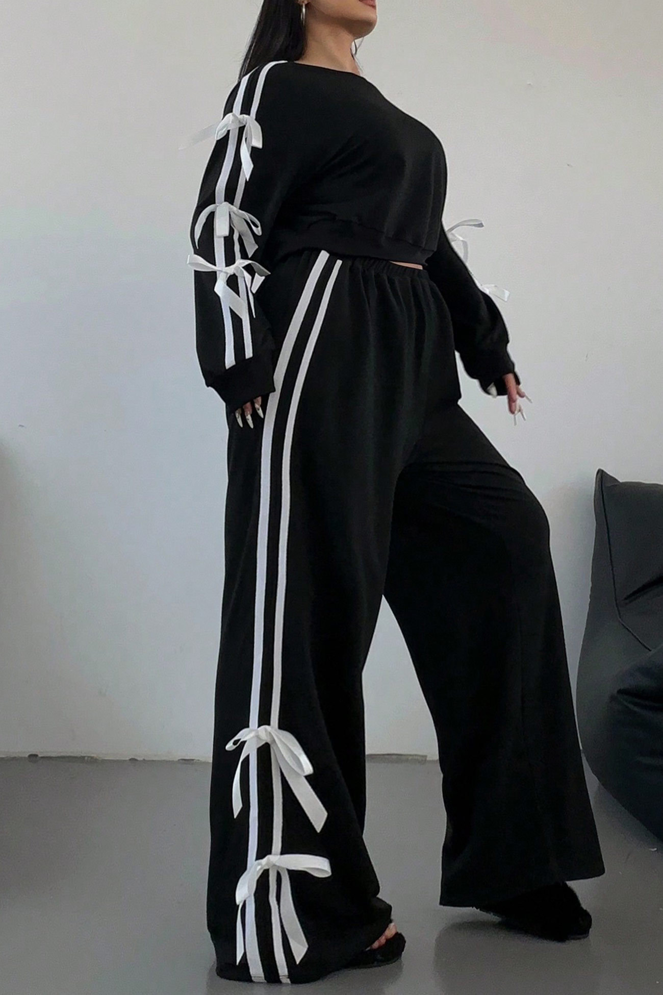 Striped Bow Tie Sleeve Hoodie Suits