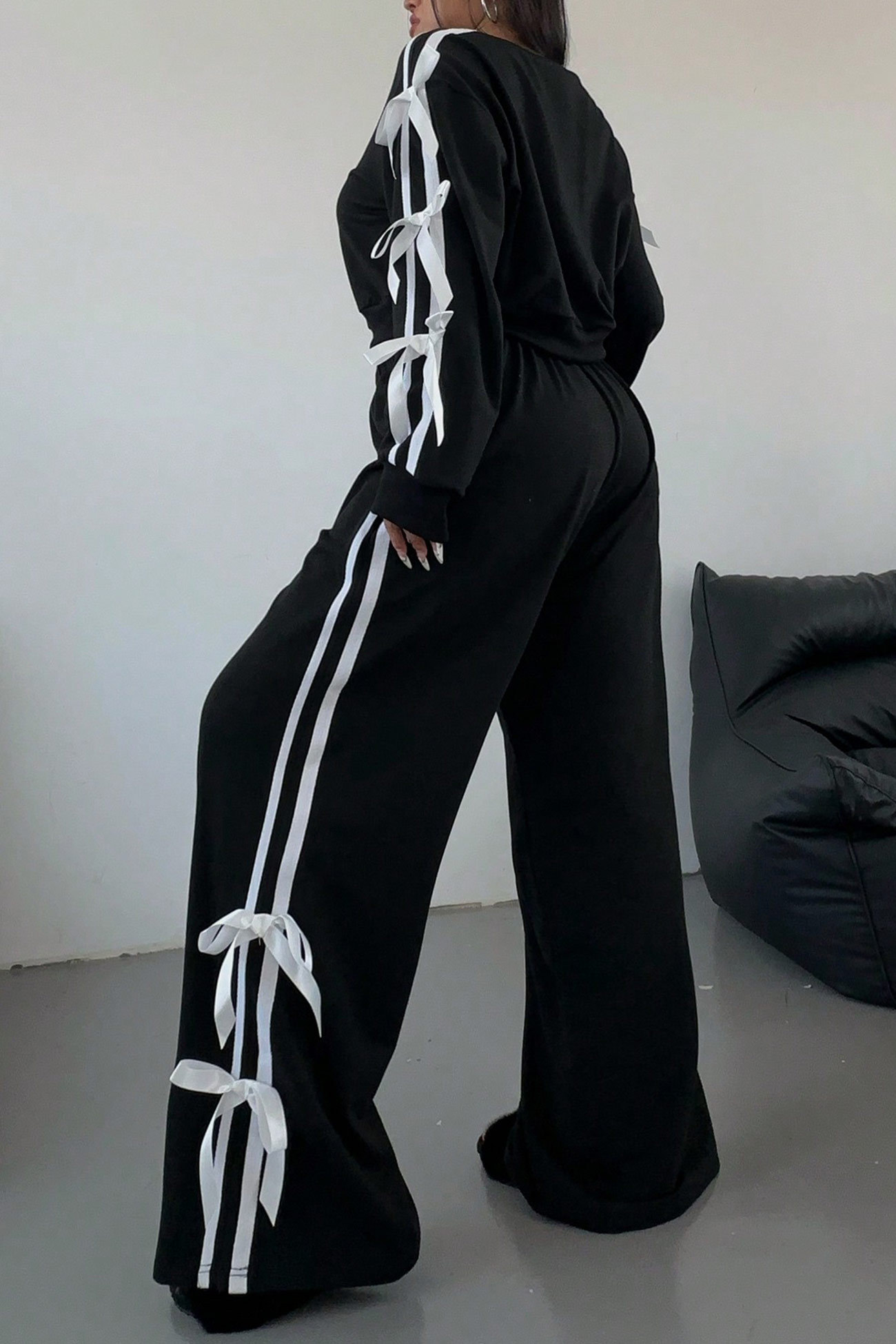 Striped Bow Tie Sleeve Hoodie Suits