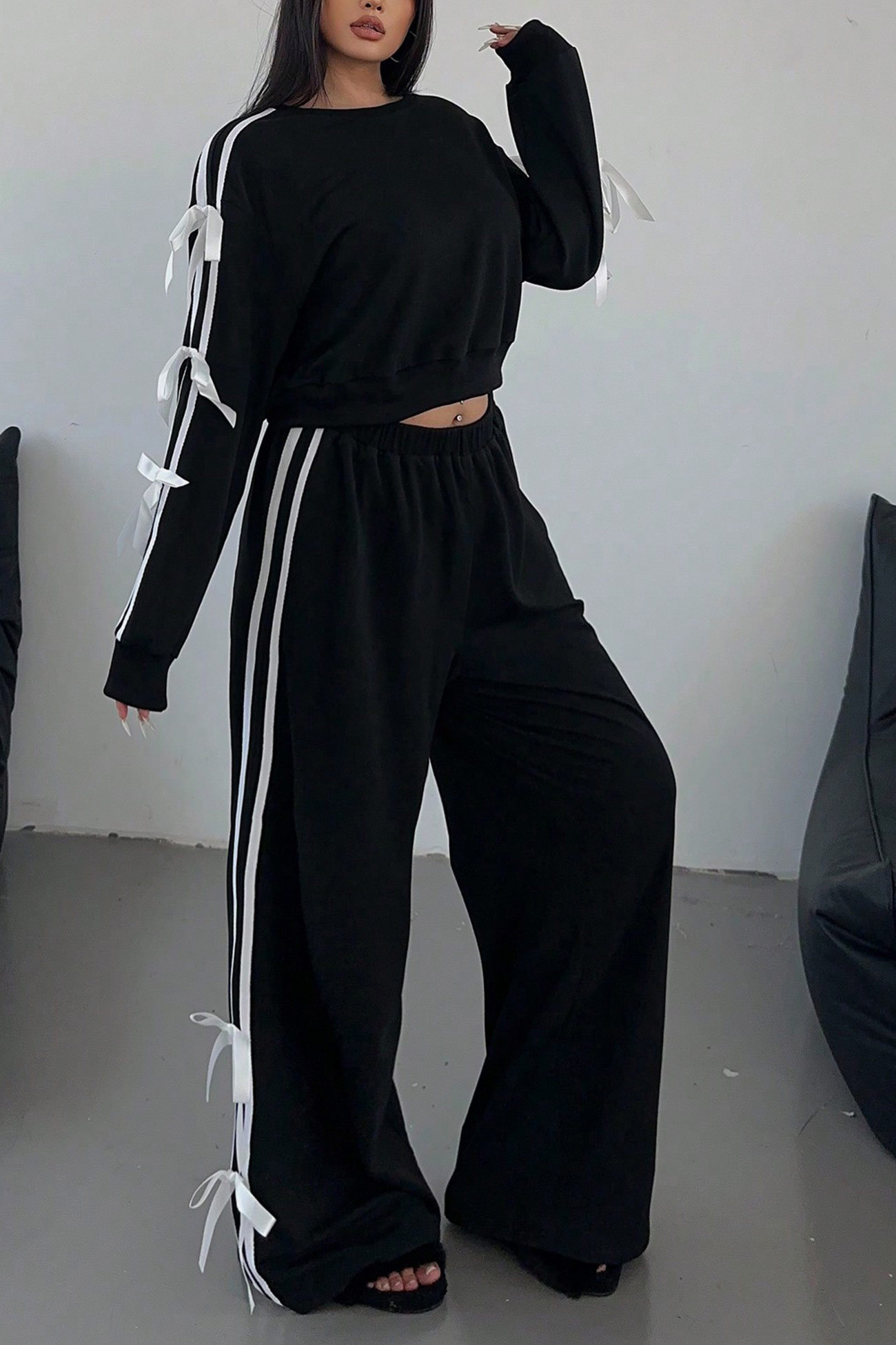 Striped Bow Tie Sleeve Hoodie Suits