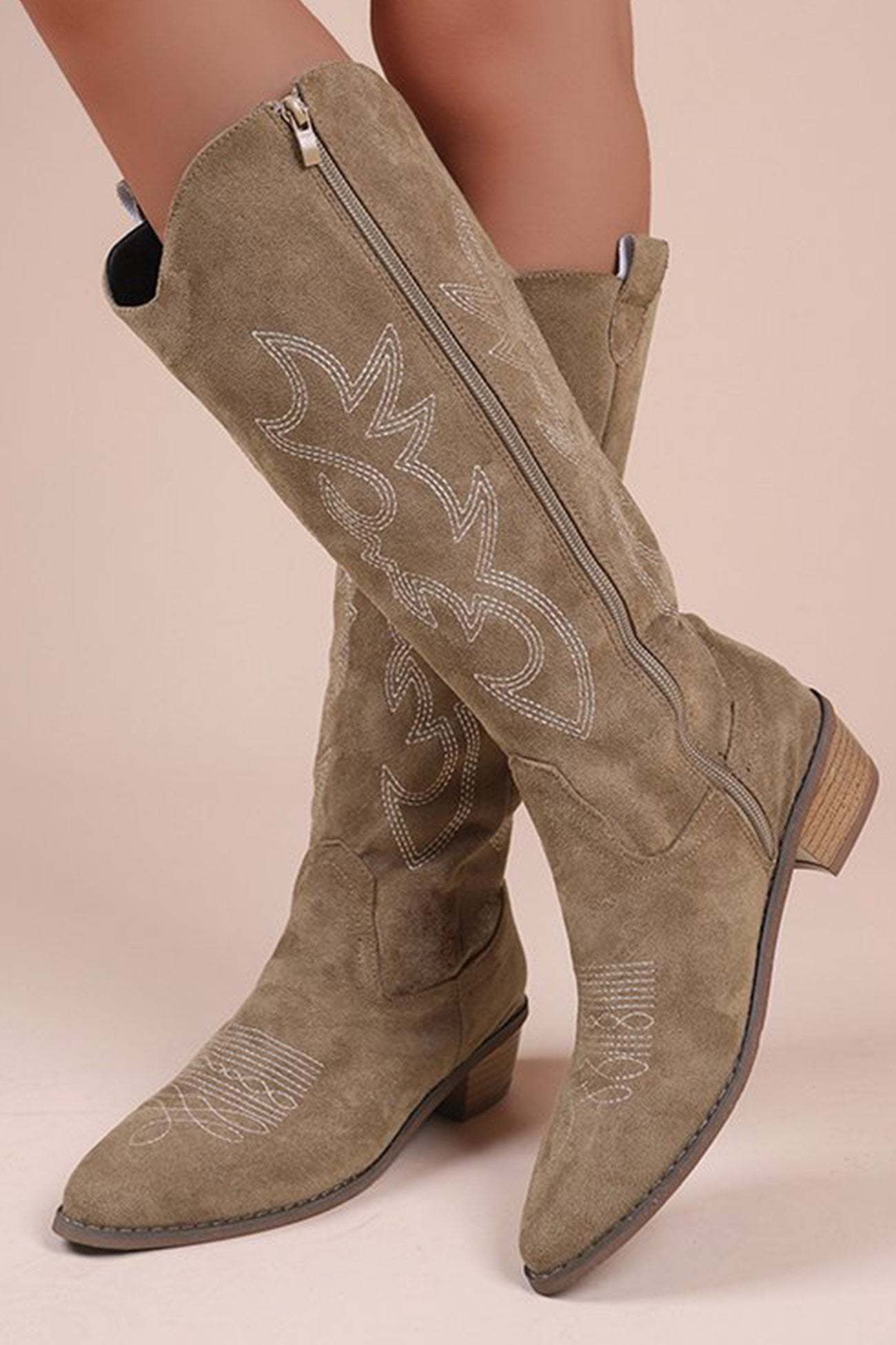 Suede Embroidered Thick Heel Cowgirl Western Boots