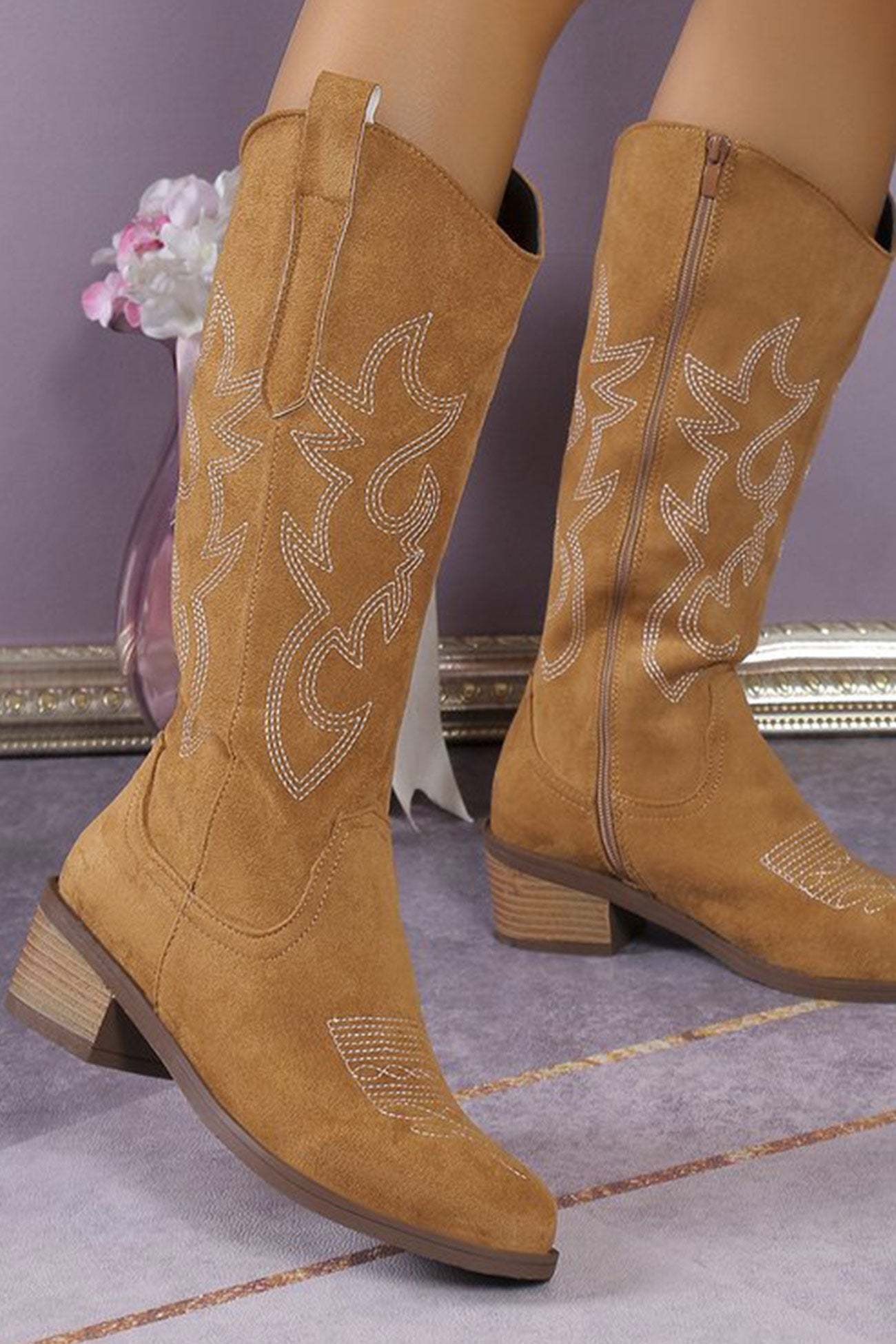 Suede Embroidered Thick Heel Cowgirl Western Boots