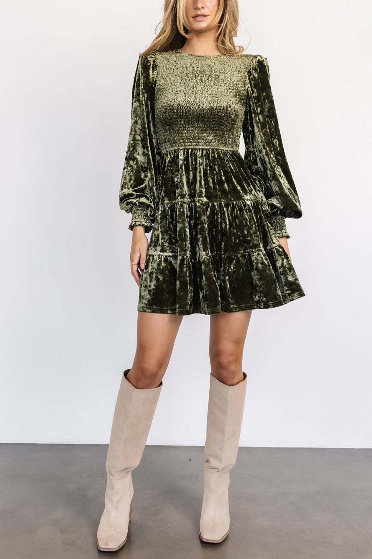 Suede Puff Sleeve Tiered Ruffle Dress