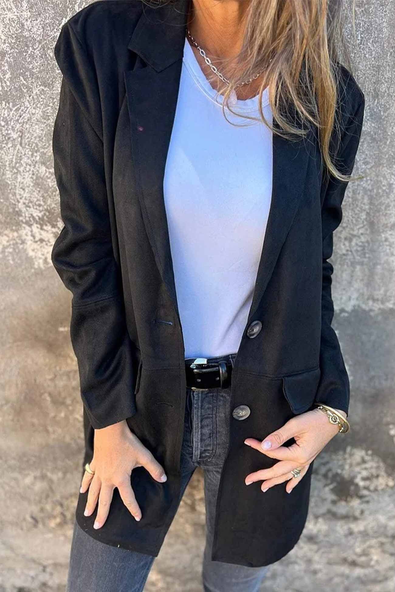 Suede Button Down Lapel Long Sleeve Jacket