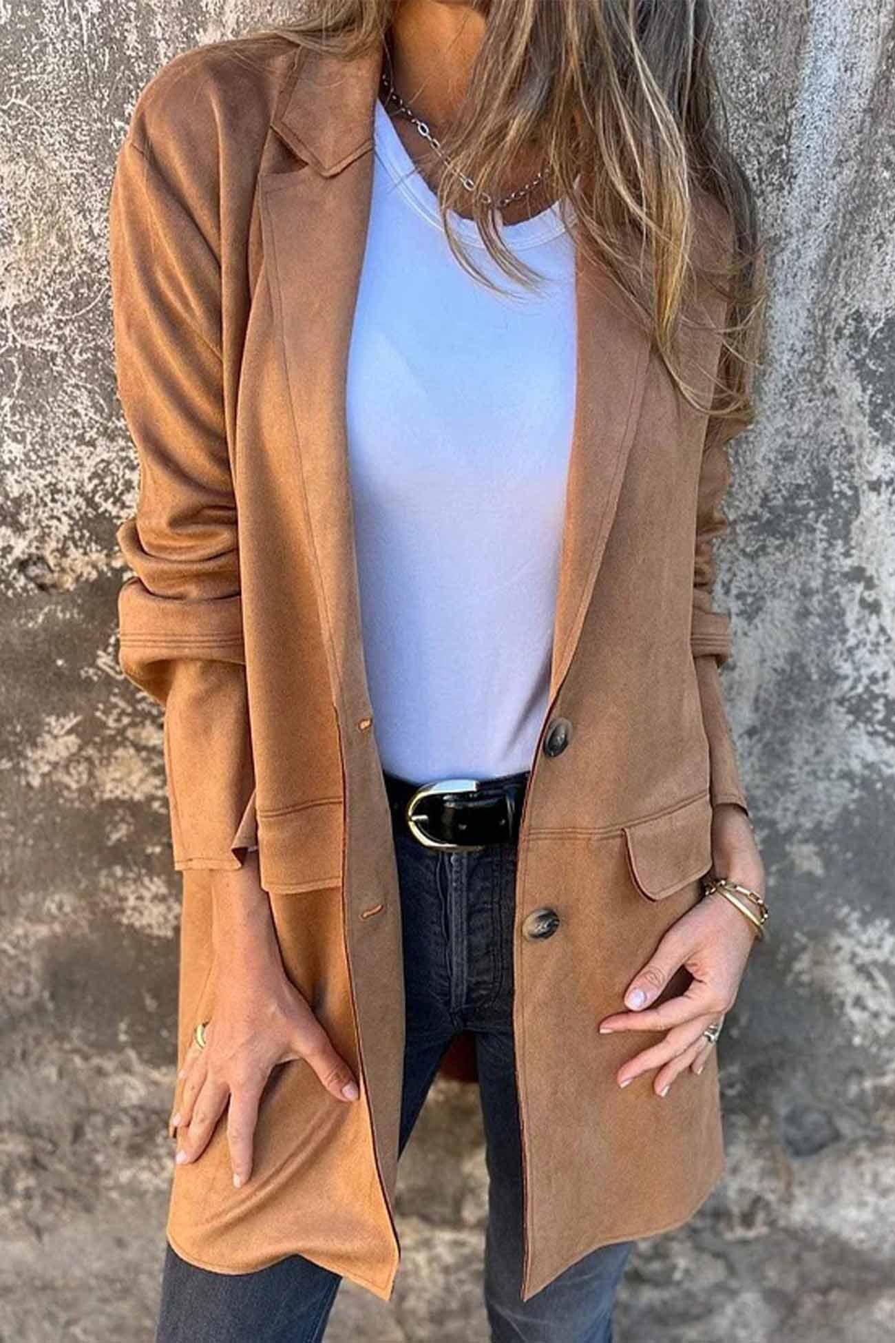 Suede Button Down Lapel Long Sleeve Jacket