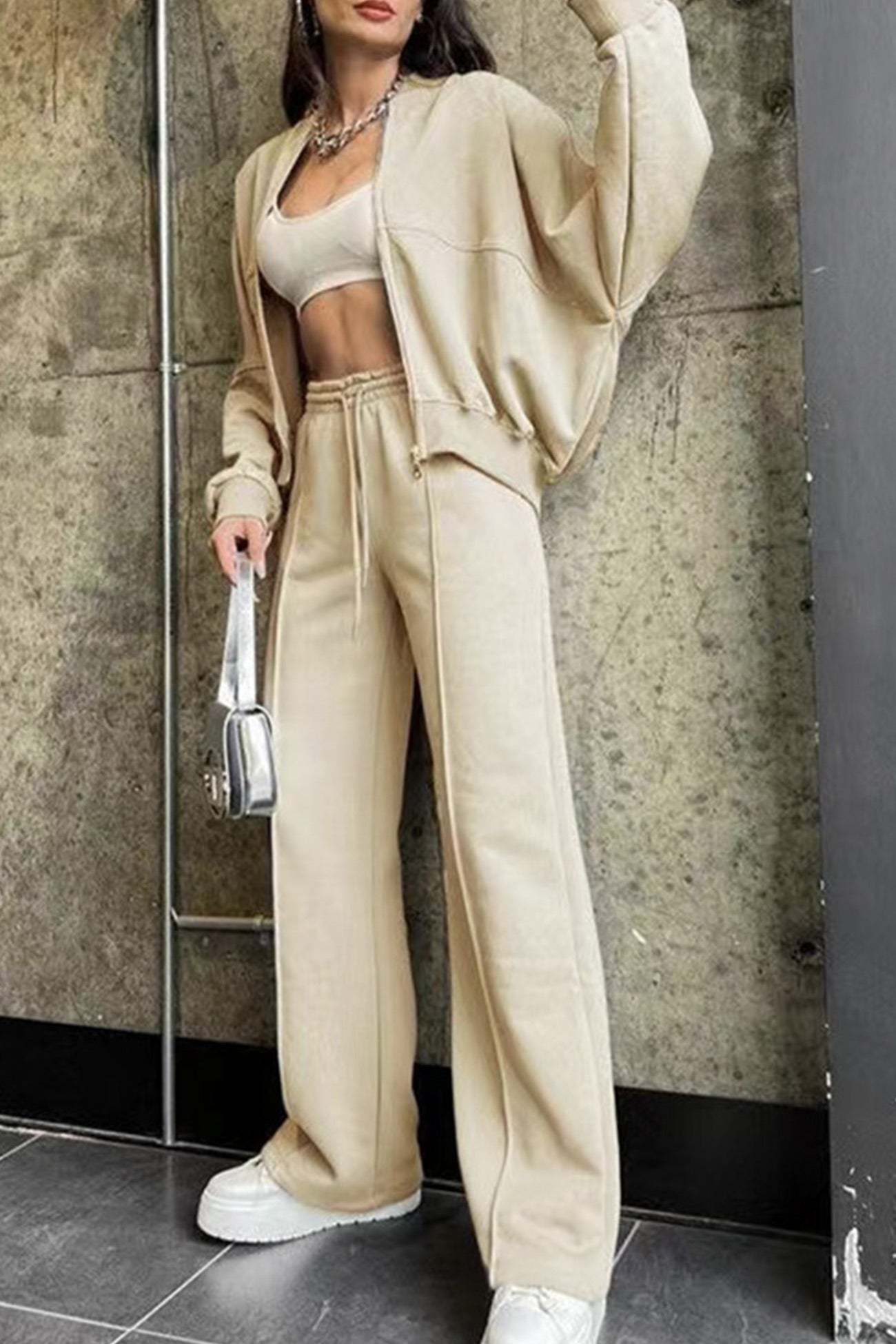 Sweatshirt Jacket Straight-leg Long Pants Set