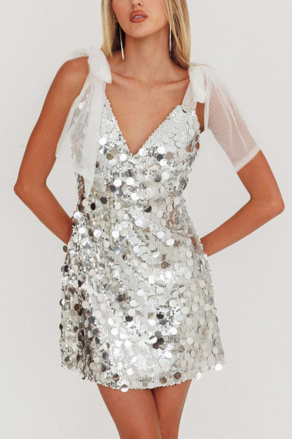 Tie-up Low Cut Sequin Mini Dress