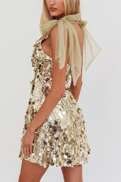 Tie-up Low Cut Sequin Mini Dress