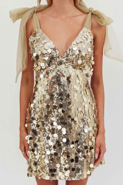 Tie-up Low Cut Sequin Mini Dress