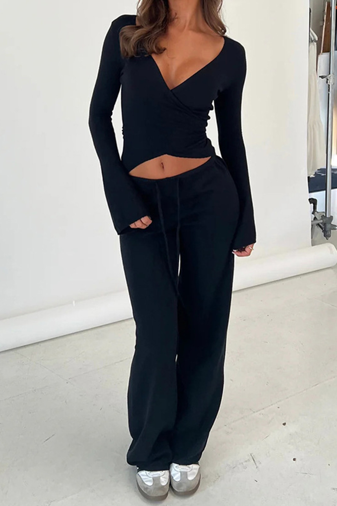 Tie-up Plush Lined Crop Top Pants Set