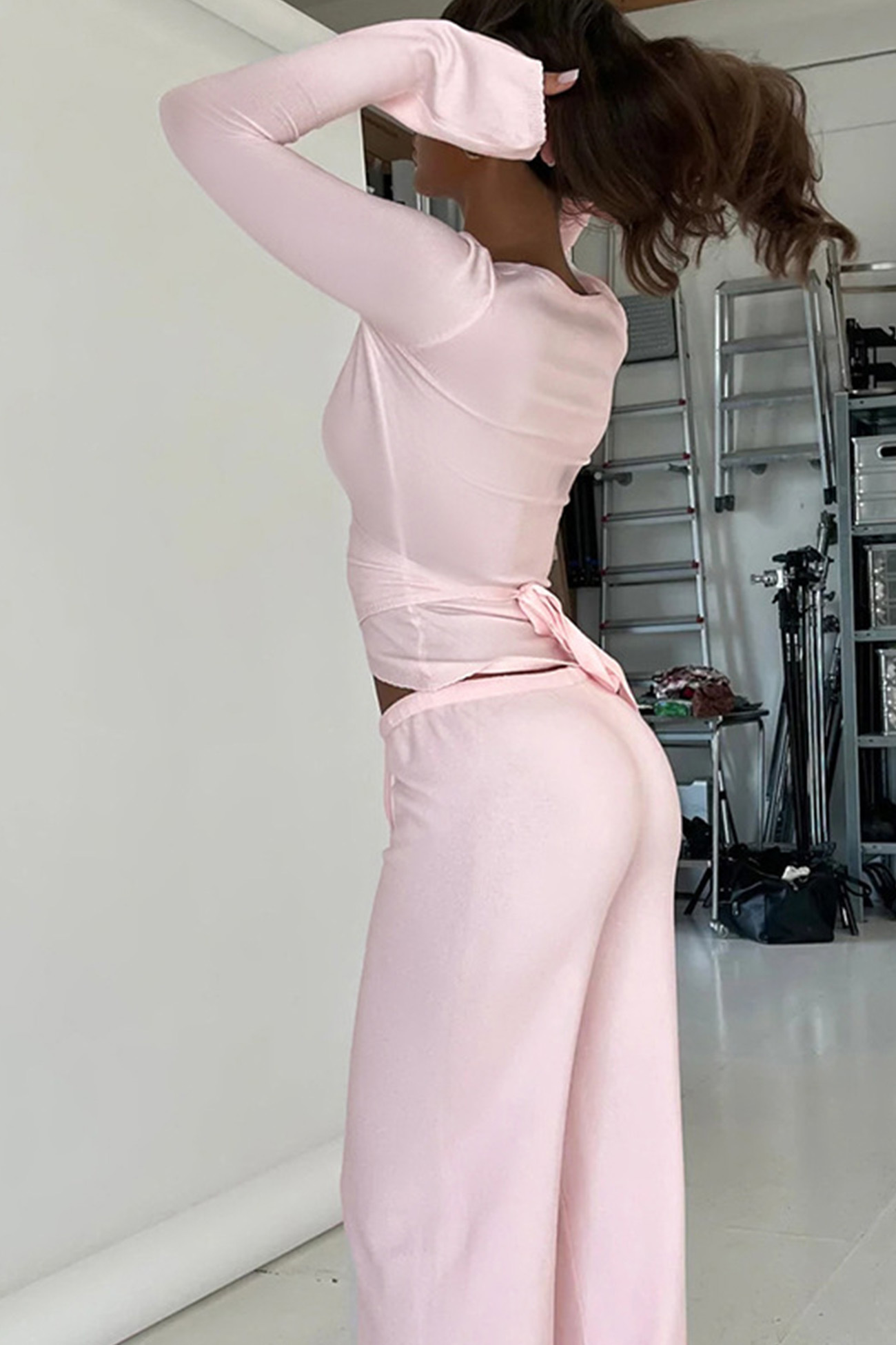 Tie-up Plush Lined Crop Top Pants Set