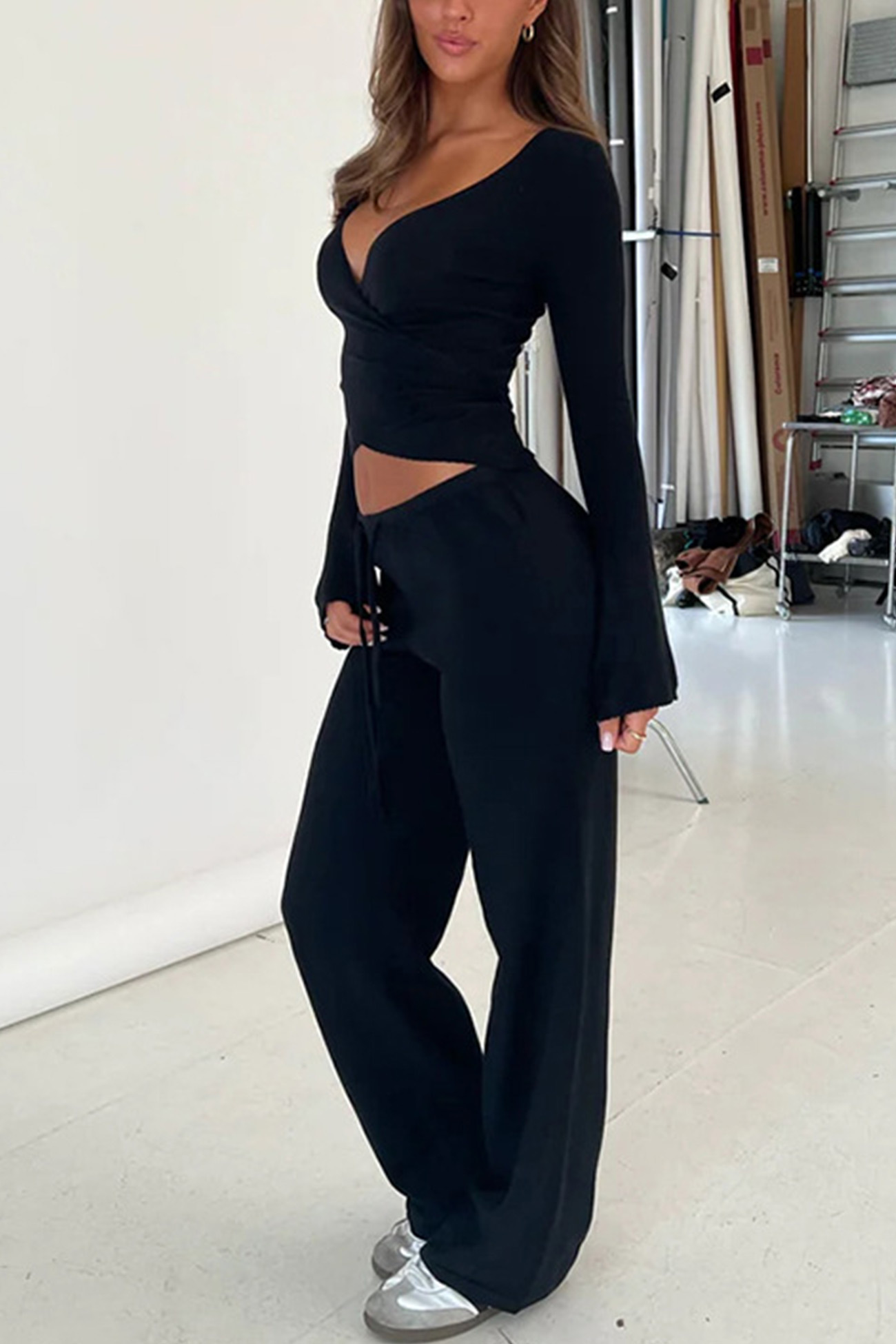 Tie-up Plush Lined Crop Top Pants Set