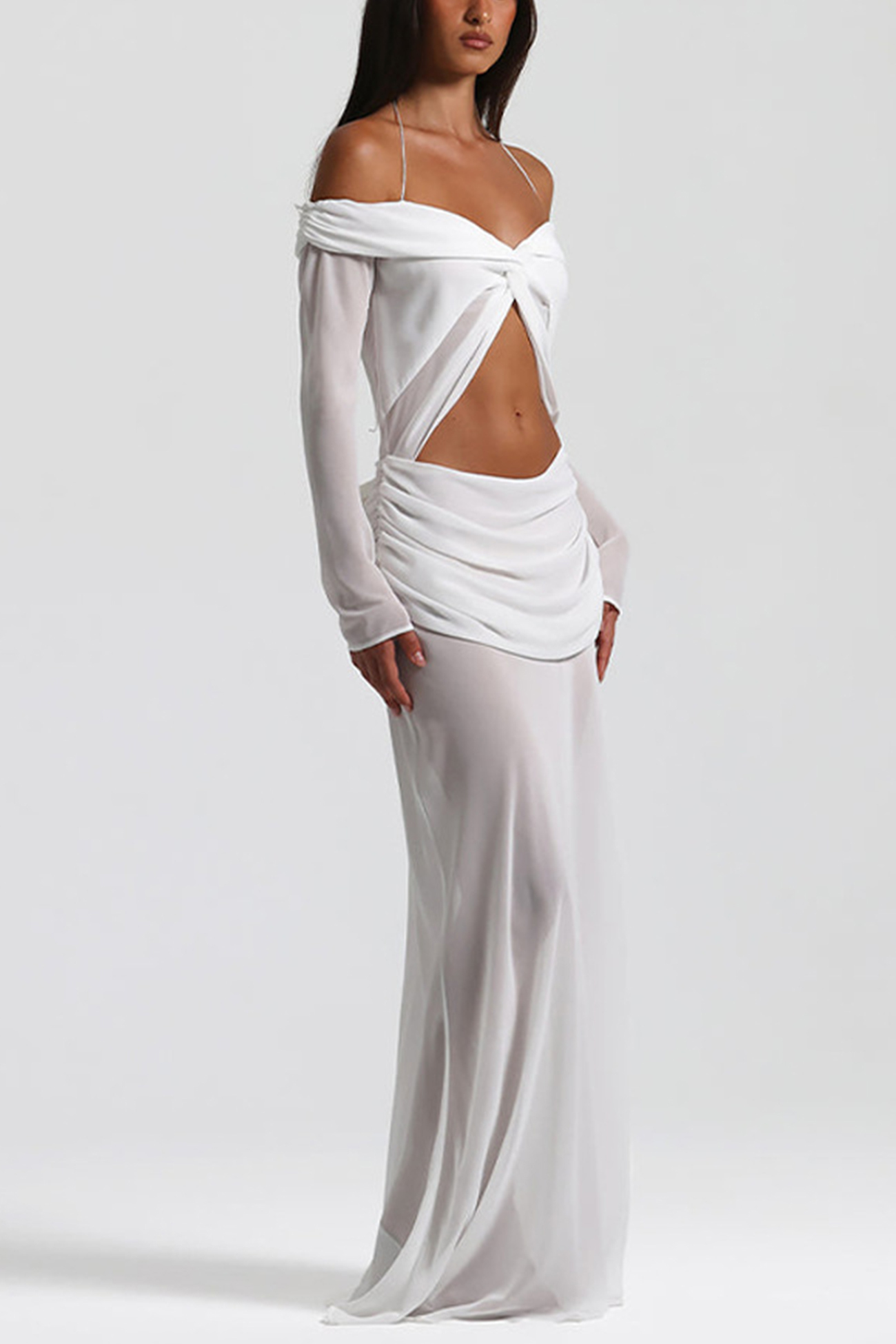 Twisted Off-shoulder Cutout Chiffon Maxi Dress