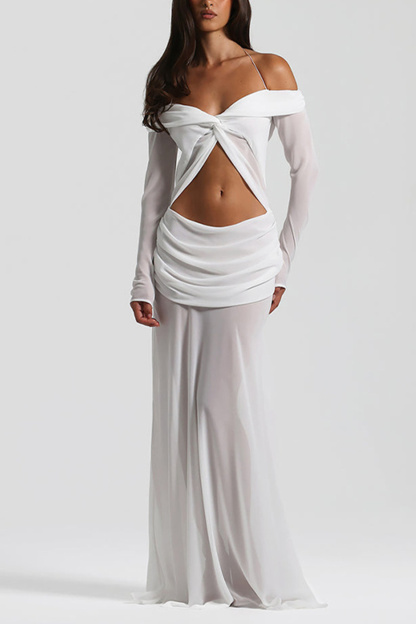 Twisted Off-shoulder Cutout Chiffon Maxi Dress