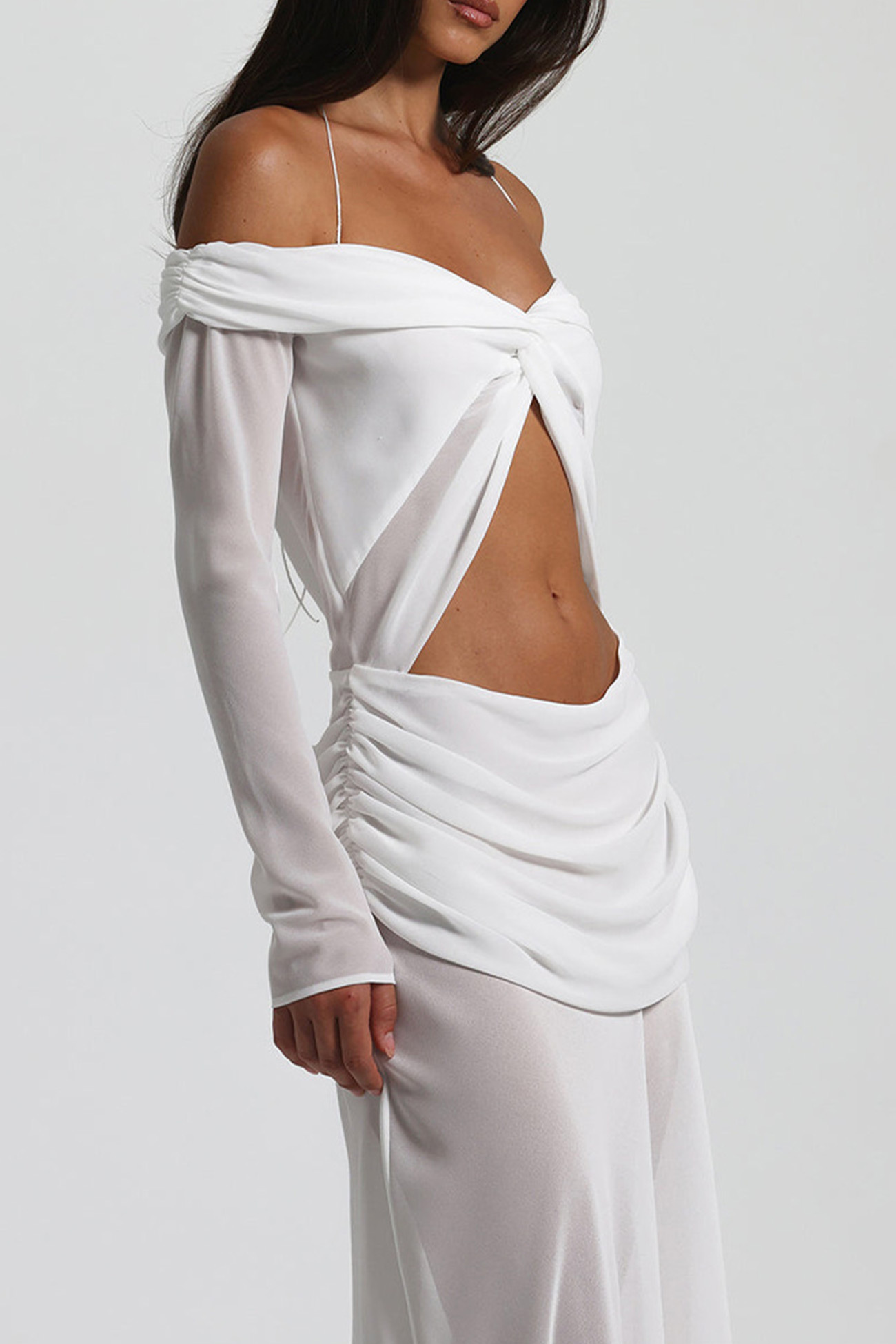 Twisted Off-shoulder Cutout Chiffon Maxi Dress