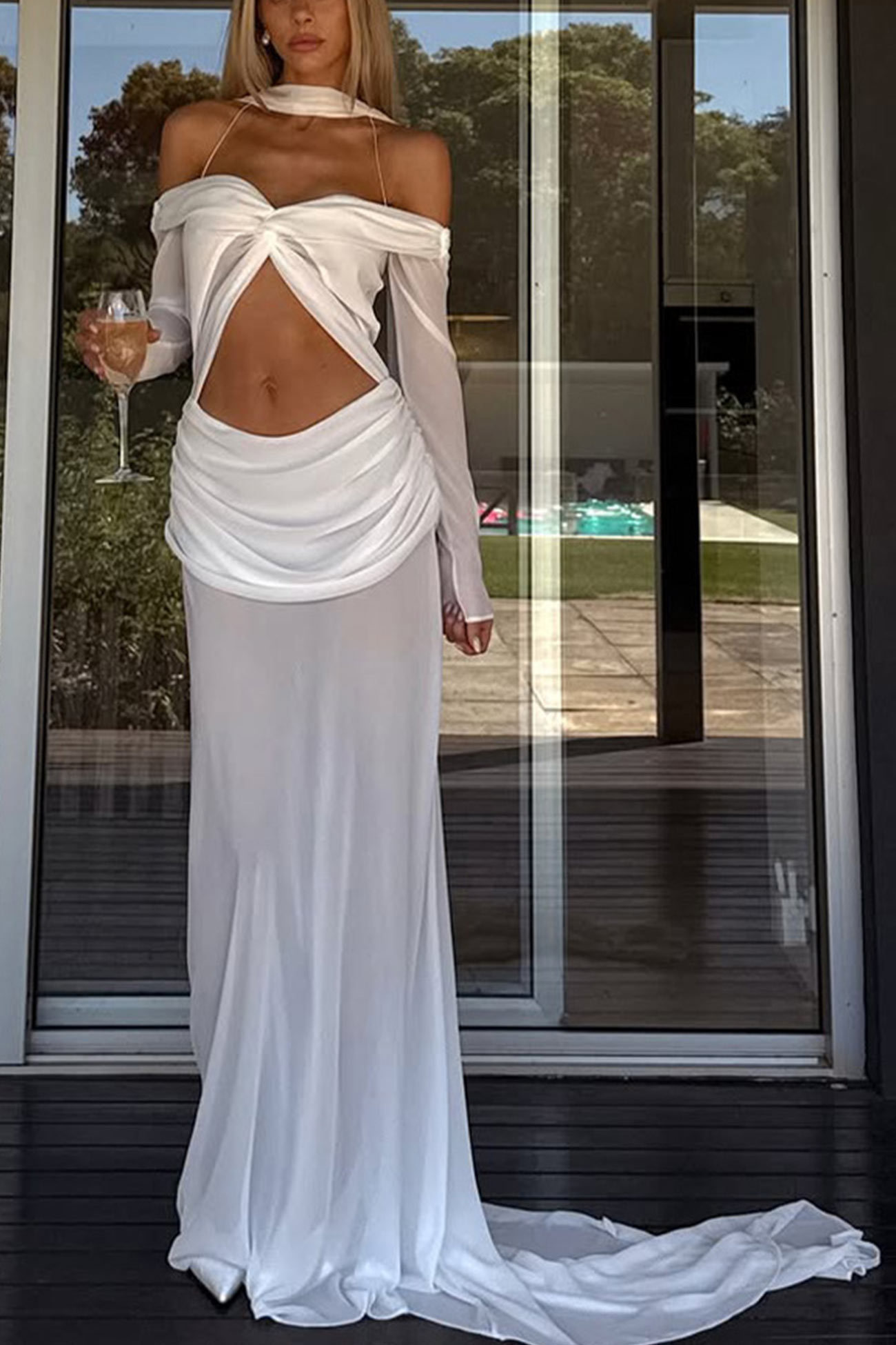 Twisted Off-shoulder Cutout Chiffon Maxi Dress