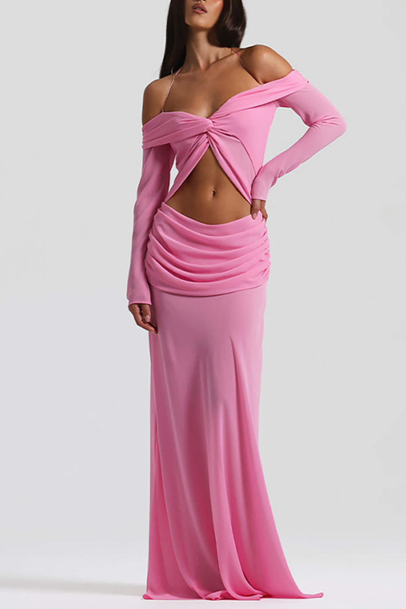 Twisted Off-shoulder Cutout Chiffon Maxi Dress