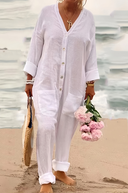 V Neck Button-up Cotton Linen Baggy Jumpsuits