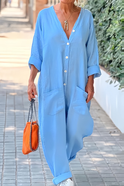 V Neck Button-up Cotton Linen Baggy Jumpsuits