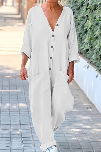 V Neck Button-up Cotton Linen Baggy Jumpsuits