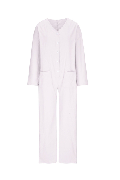 V Neck Button-up Cotton Linen Baggy Jumpsuits