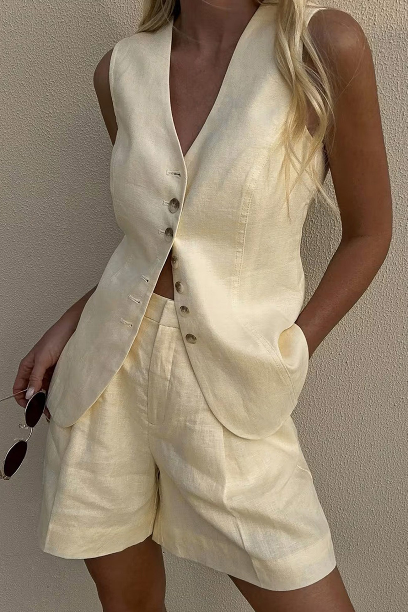 V Neck Button-up Cotton Linen Vest Shorts Set