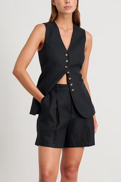 V Neck Button-up Cotton Linen Vest Shorts Set
