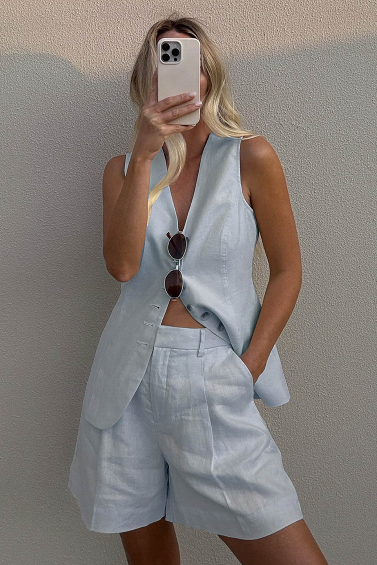 V Neck Button-up Cotton Linen Vest Shorts Set