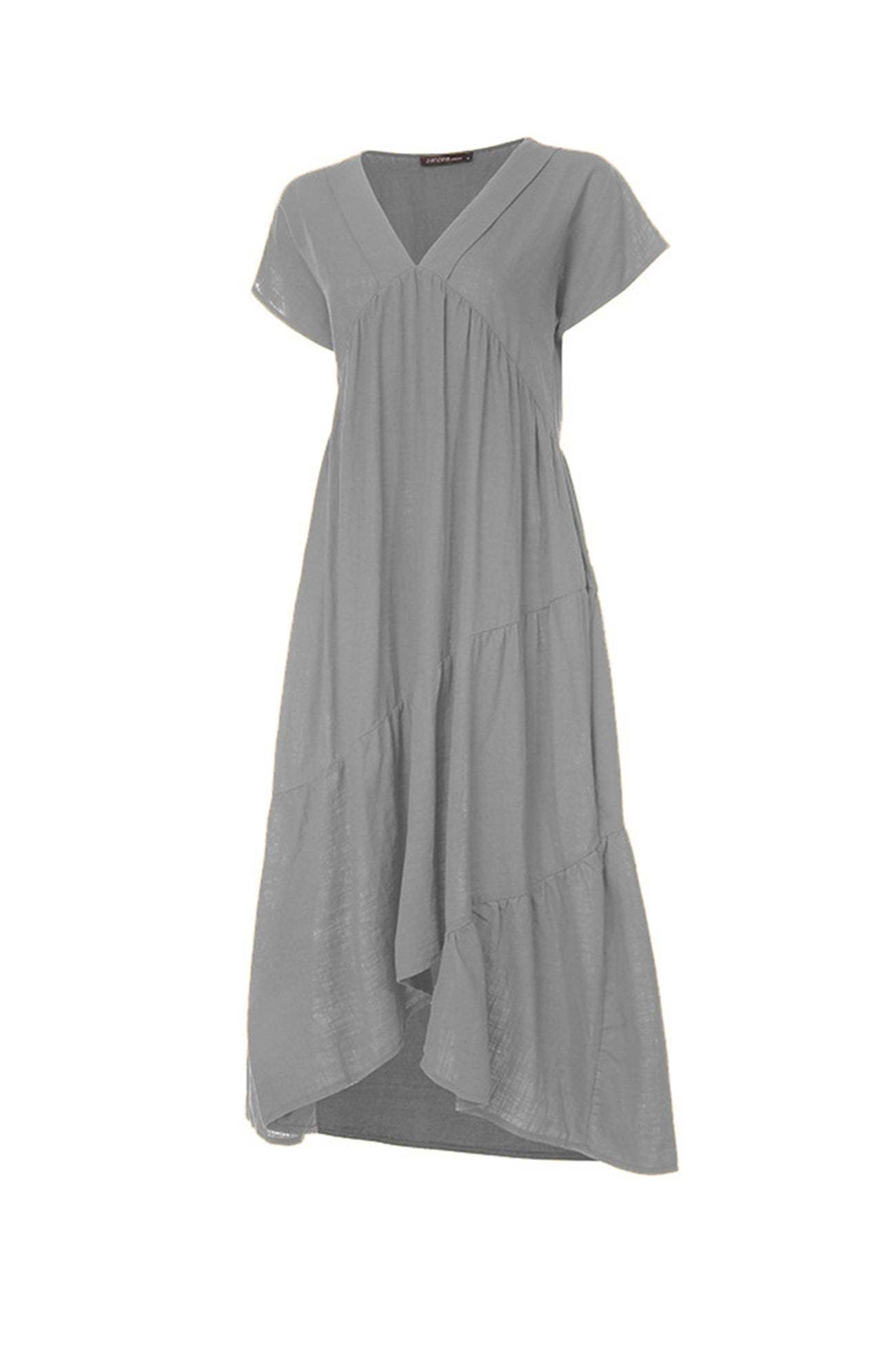 V Neck Cap Sleeve Cotton Linen Dress