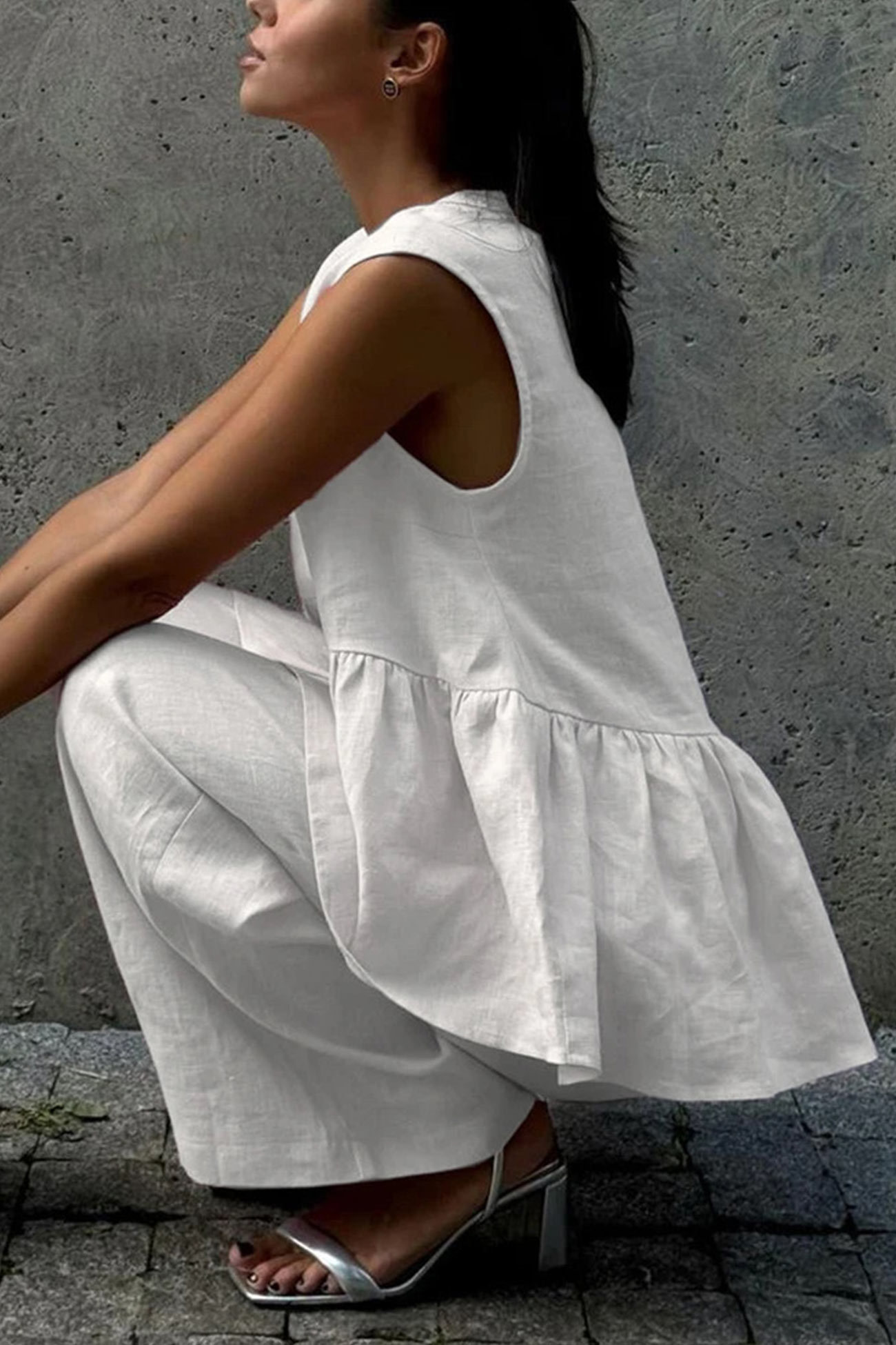 V Neck Cotton Loose Vest Pants Set