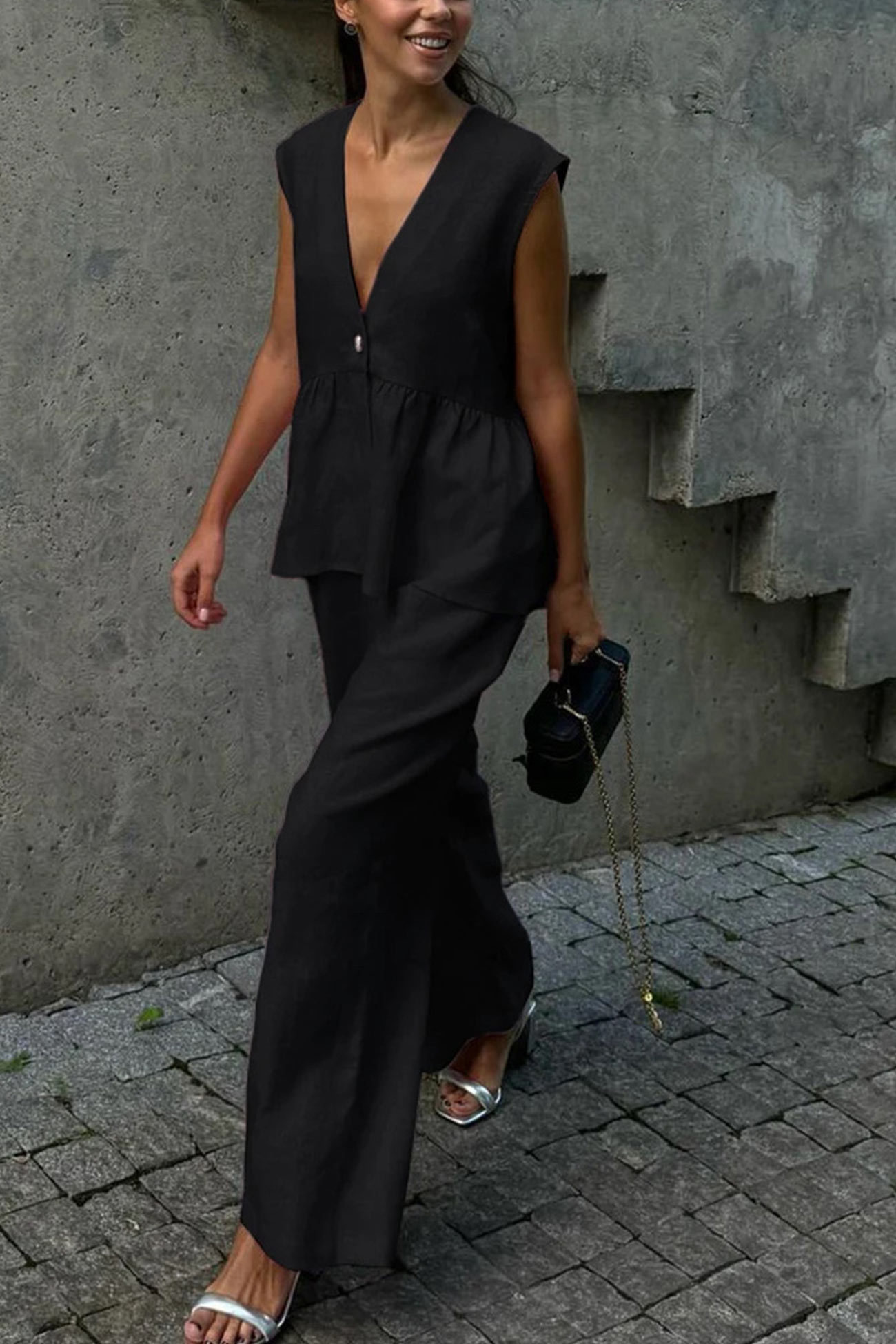 V Neck Cotton Loose Vest Pants Set