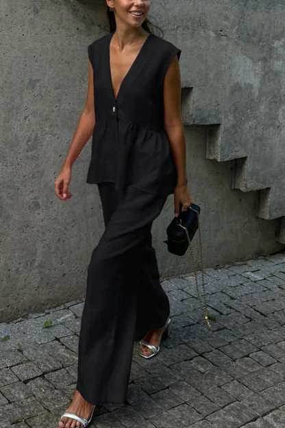 V Neck Cotton Loose Vest Pants Set