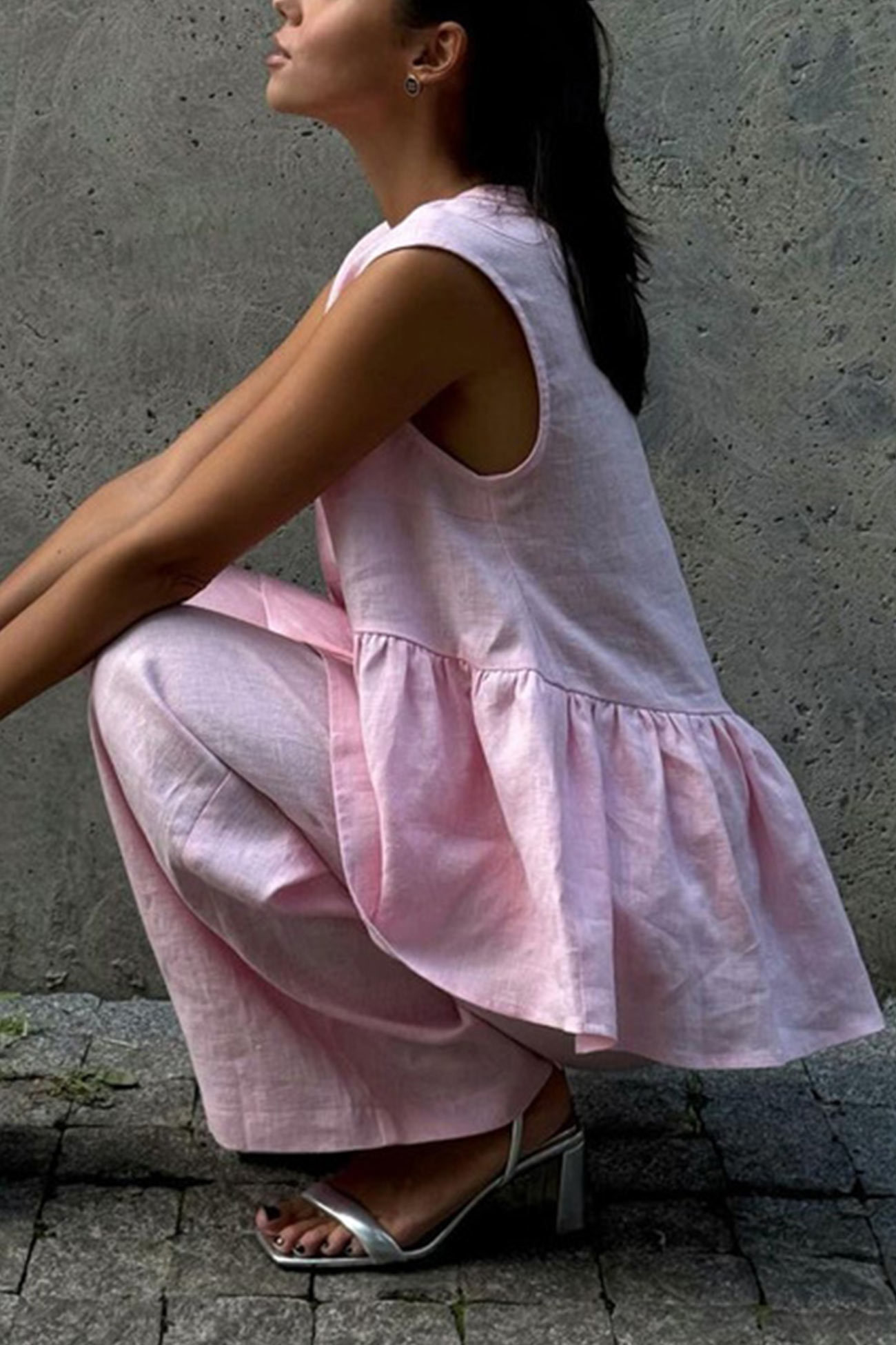V Neck Cotton Loose Vest Pants Set