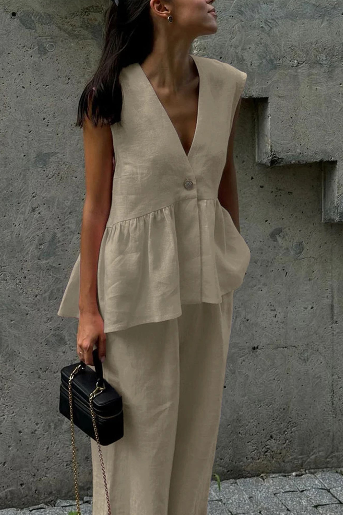 V Neck Cotton Loose Vest Pants Set