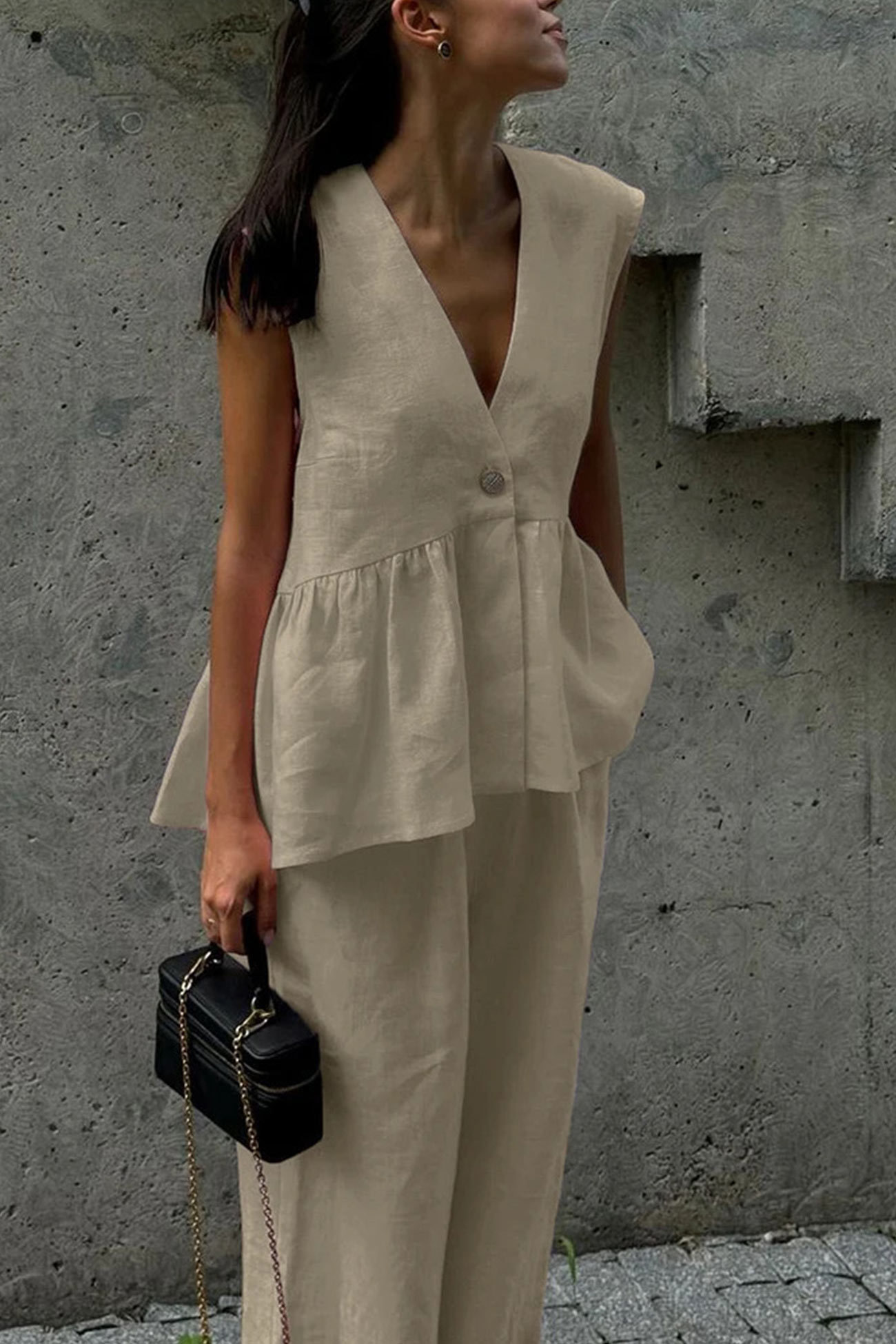 V Neck Cotton Loose Vest Pants Set