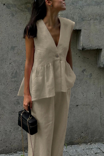 V Neck Cotton Loose Vest Pants Set