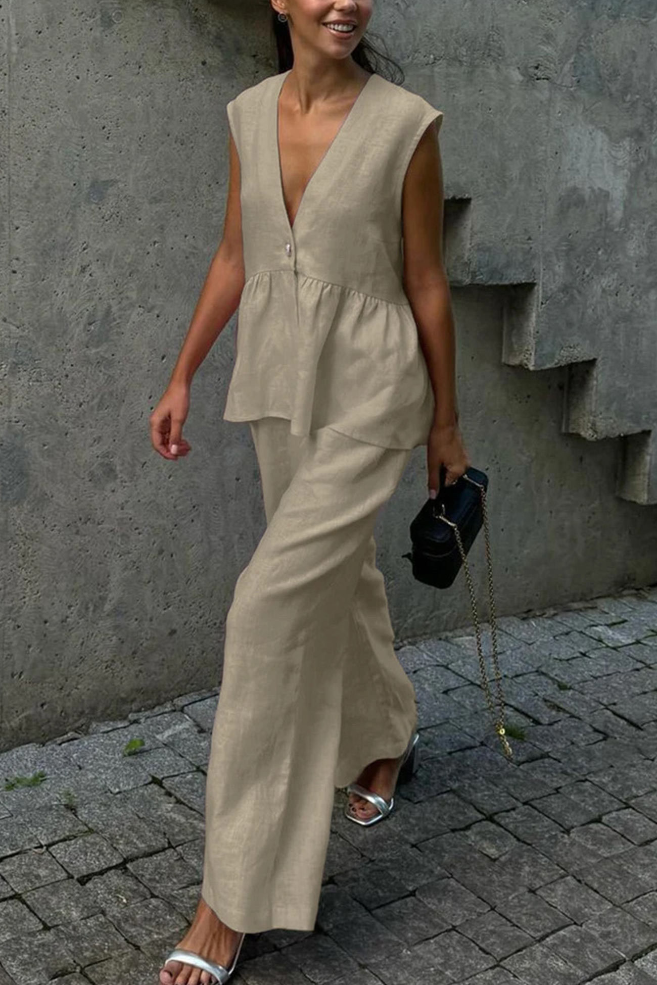 V Neck Cotton Loose Vest Pants Set