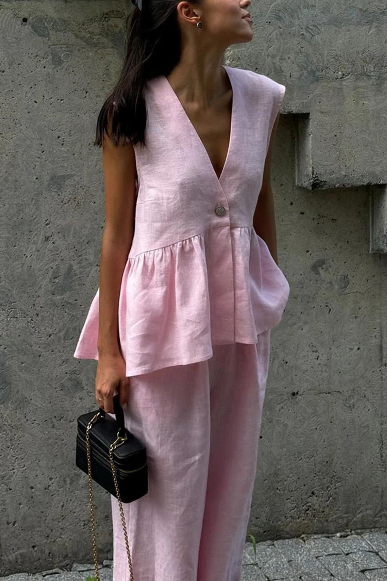 V Neck Cotton Loose Vest Pants Set