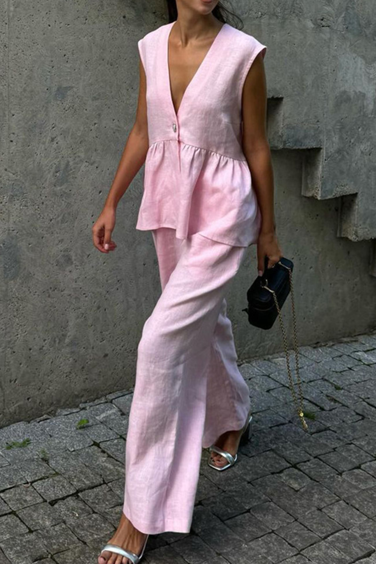 V Neck Cotton Loose Vest Pants Set