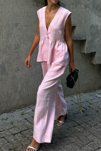 V Neck Cotton Loose Vest Pants Set