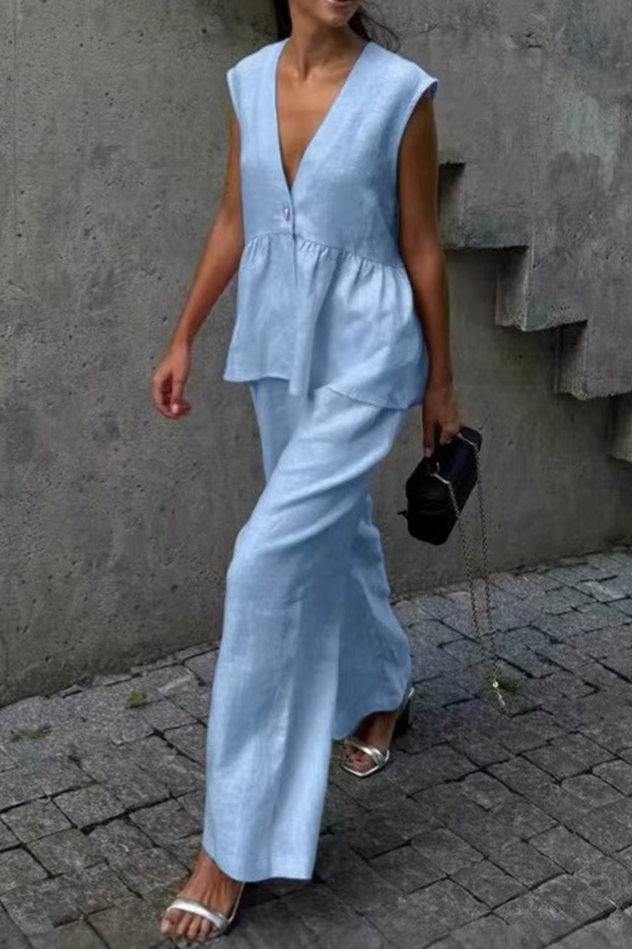V Neck Cotton Loose Vest Pants Set