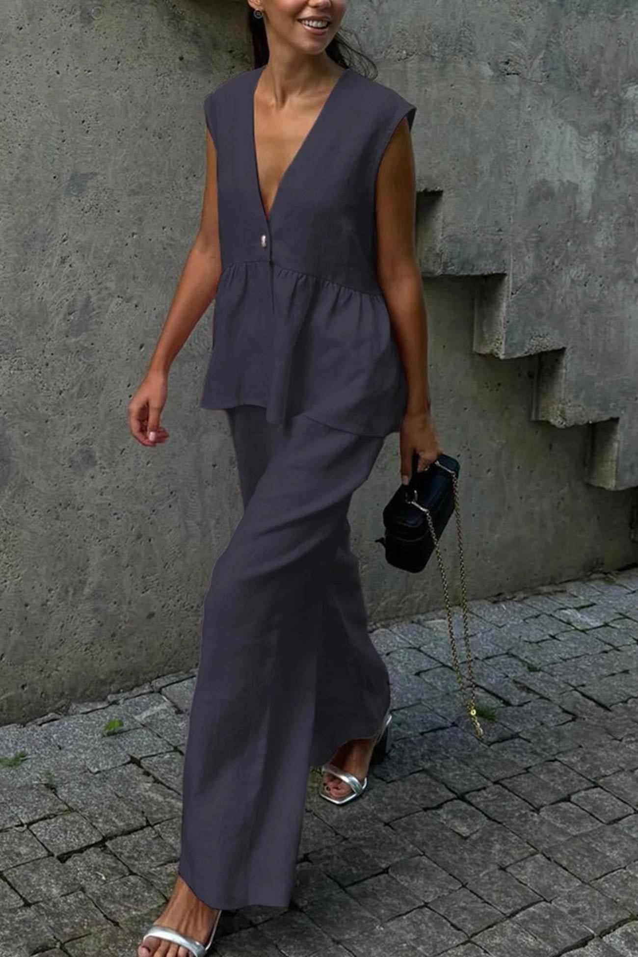 V Neck Cotton Loose Vest Pants Set