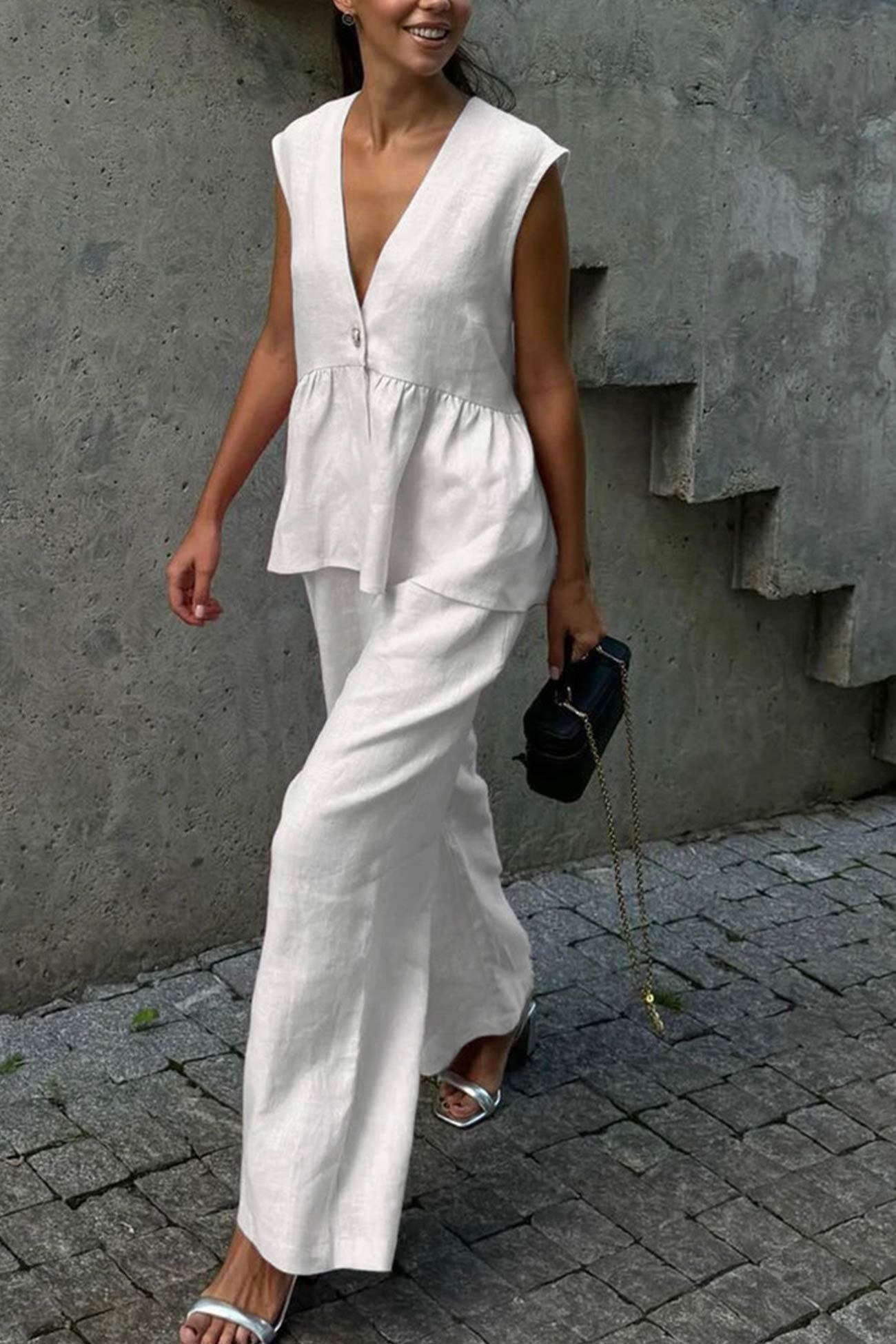 V Neck Cotton Loose Vest Pants Set