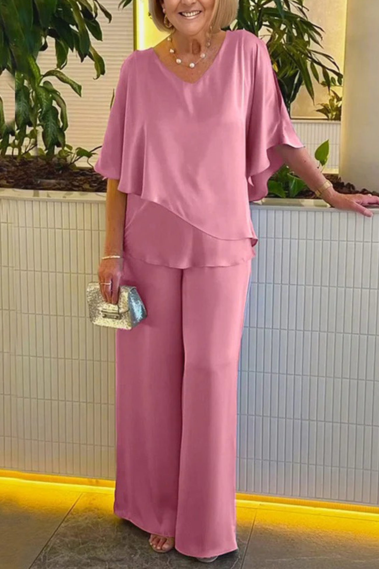 V Neck Double Layer Hem Tunic Pantsuit