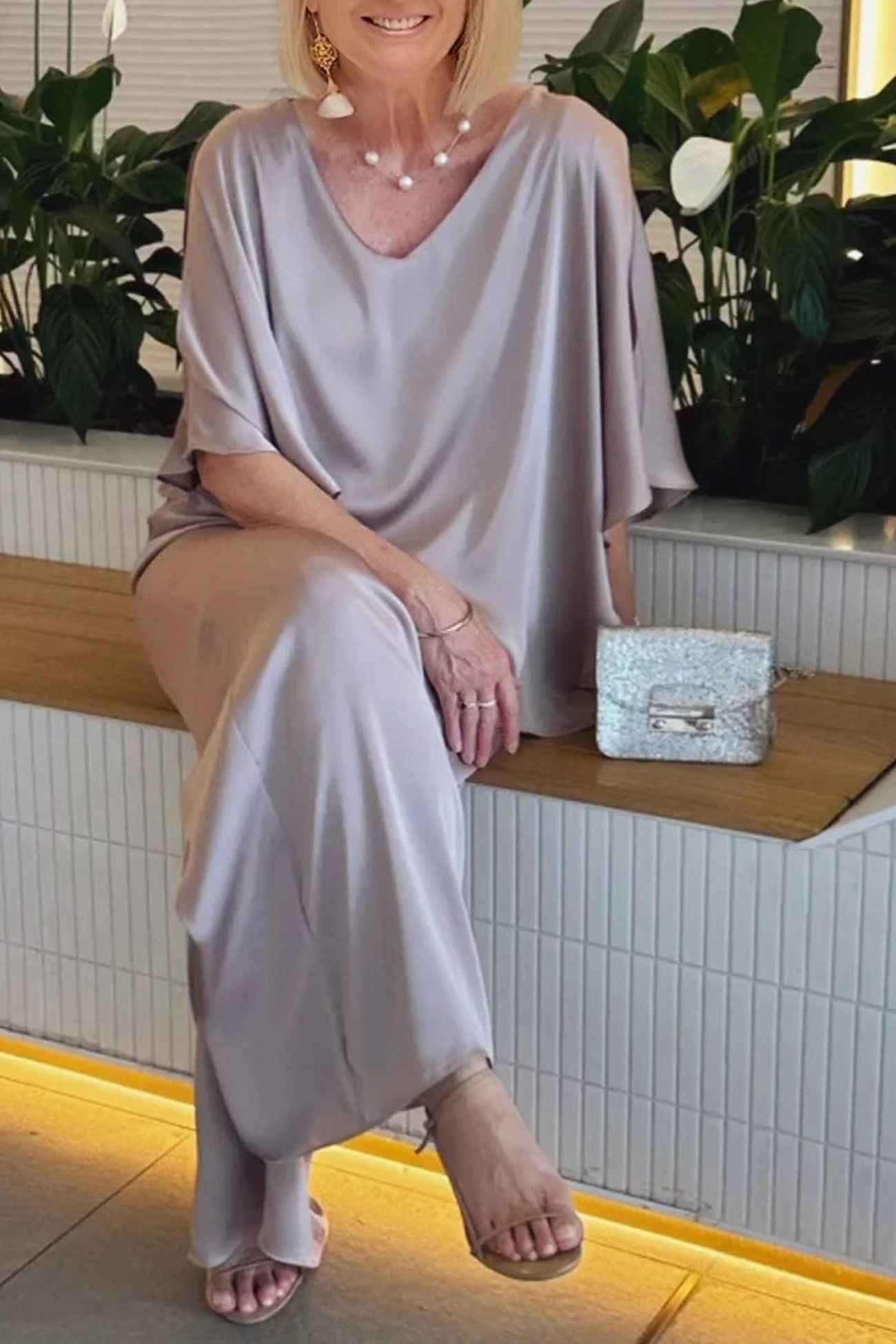 V Neck Double Layer Hem Tunic Pantsuit